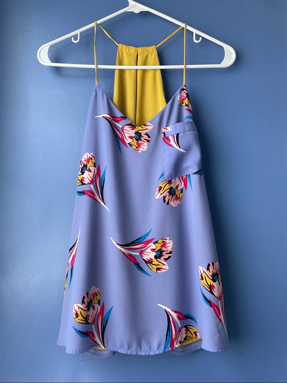 Express periwinkle blue Floral Tank with razor racer T Back yellow lined